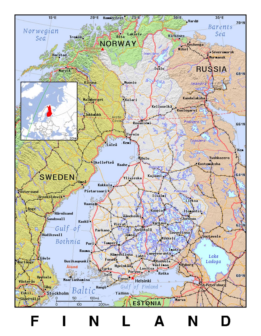 Detailed political map of Finland with relief