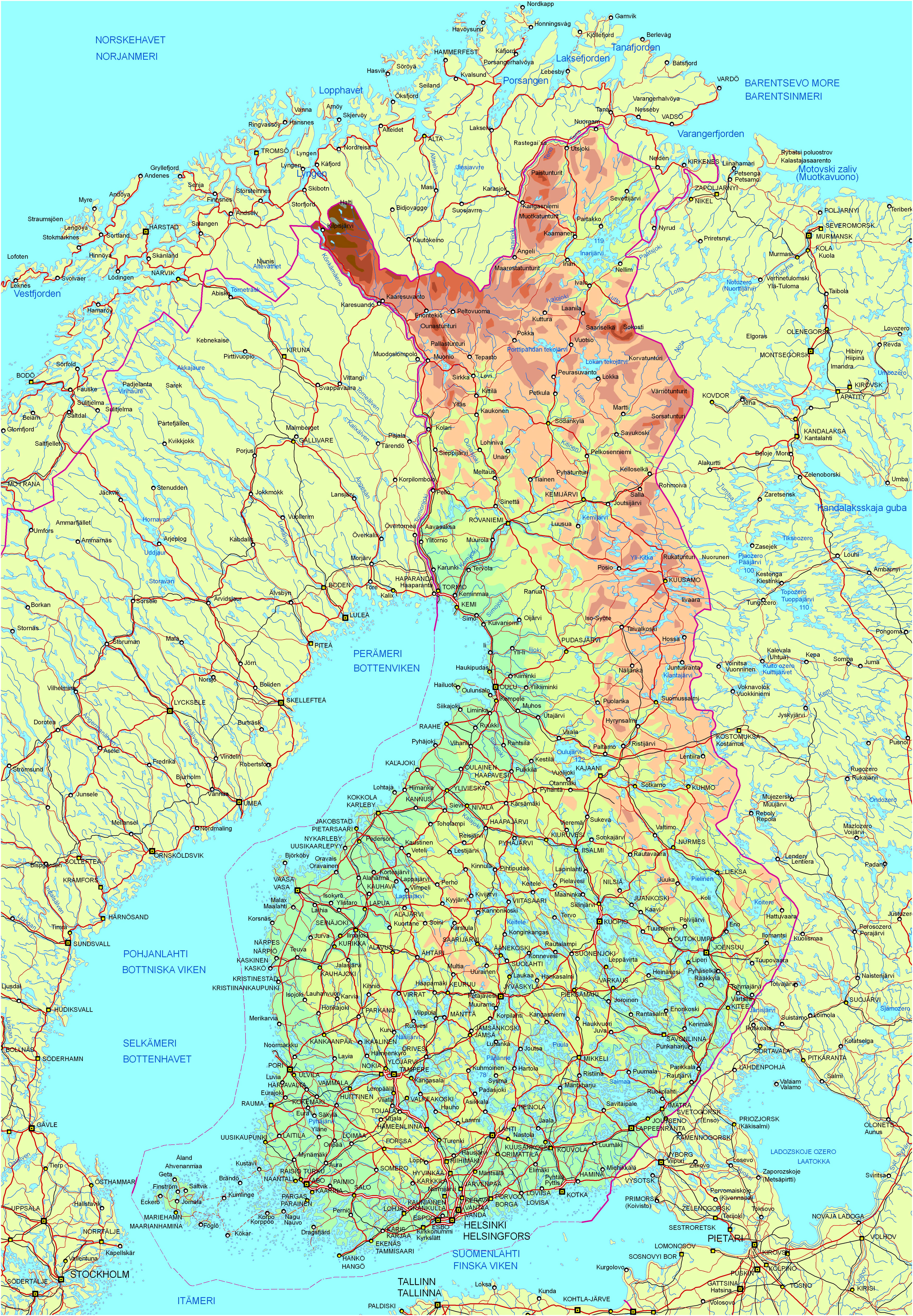 Large Detailed Elevation Map Of Finland With Roads And Cities Finland Europe Mapsland Maps Of The World