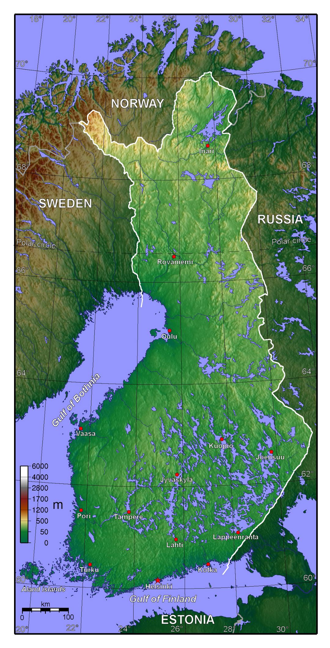 Large detailed physical map of Finland