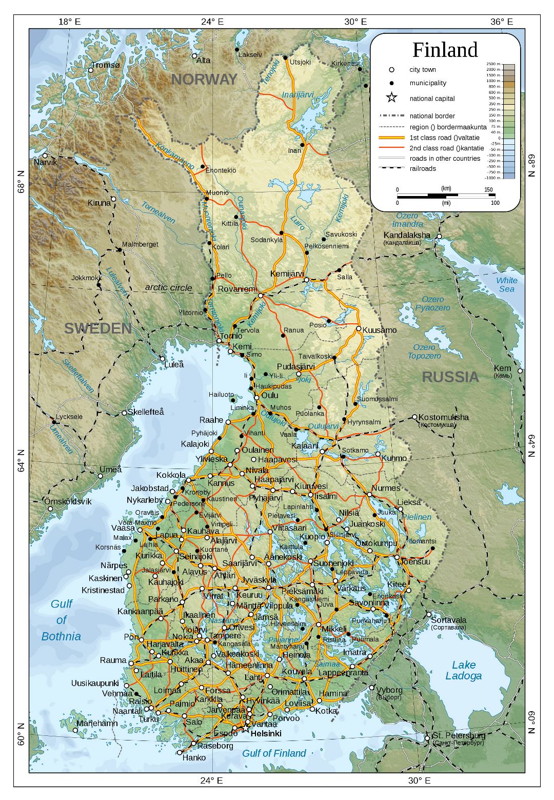 Large detailed physical map of Finland with roads, railroads and cities