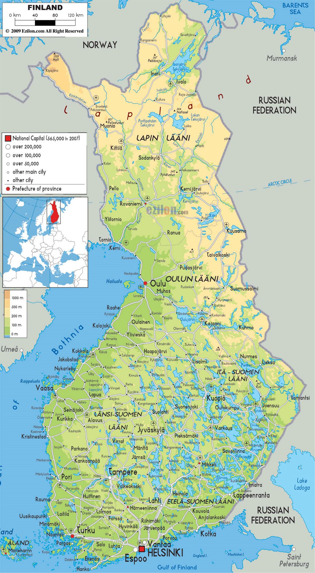 Large physical map of Finland with roads, cities and airports