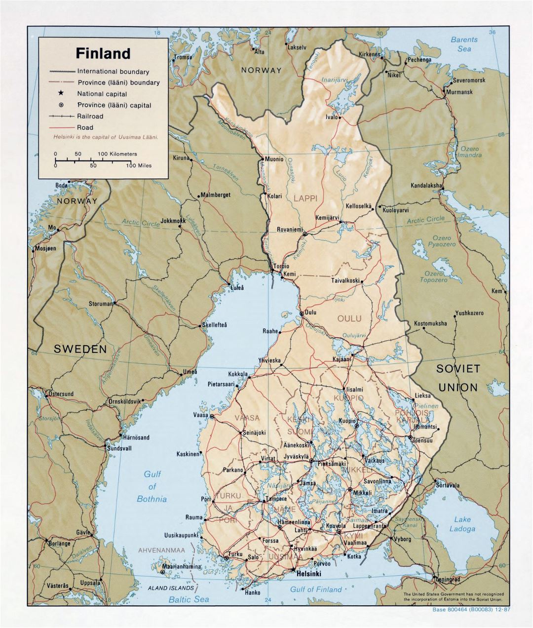 Large political and administrative map of Finland with relief, roads and cities - 1987