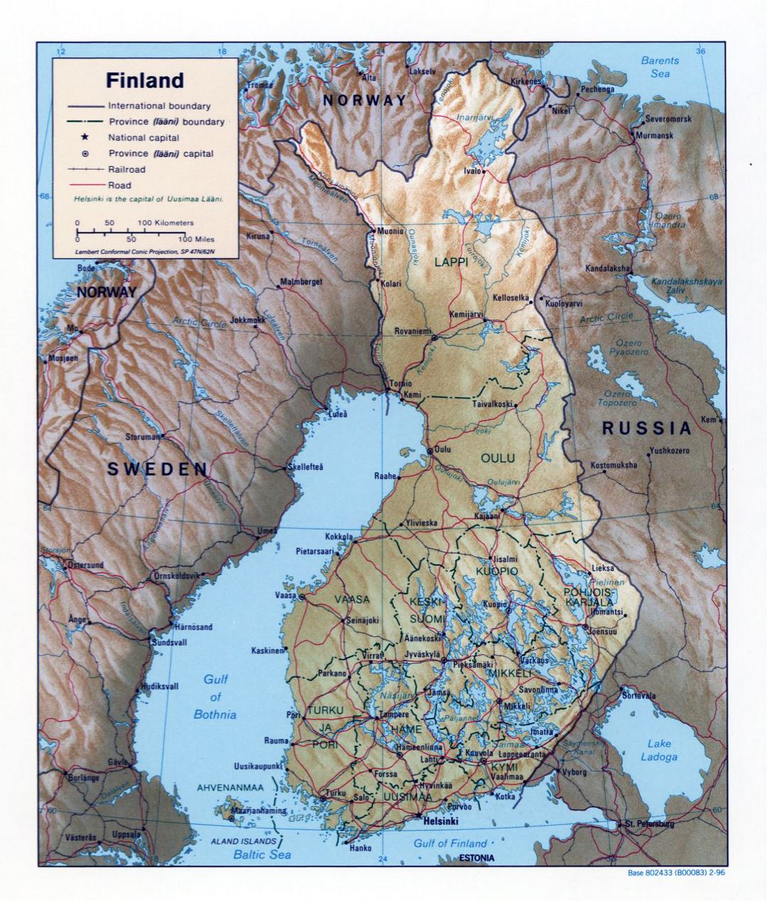 Large political and administrative map of Finland with relief, roads and cities - 1996