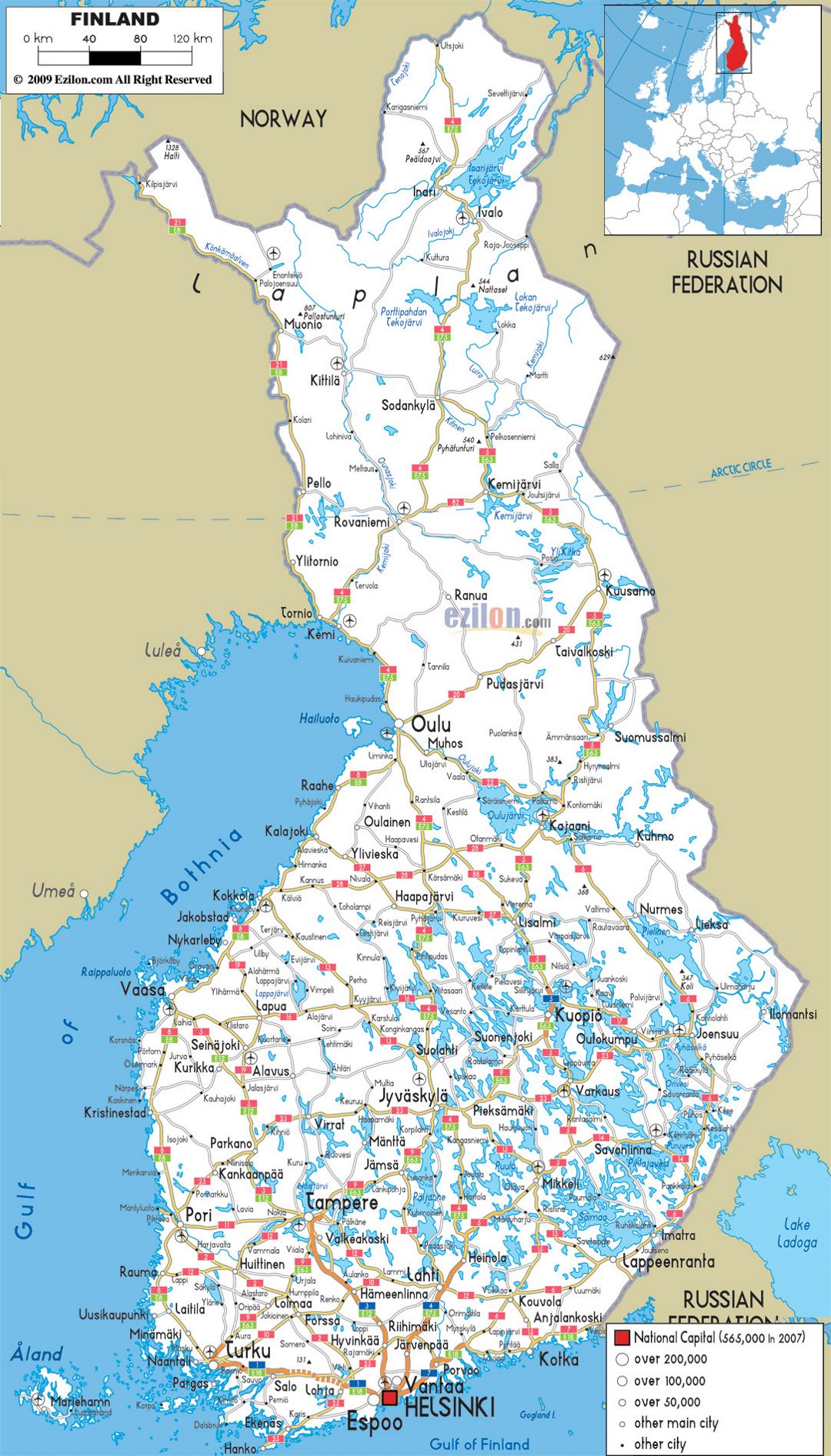 Large road map of Finland with cities and airports