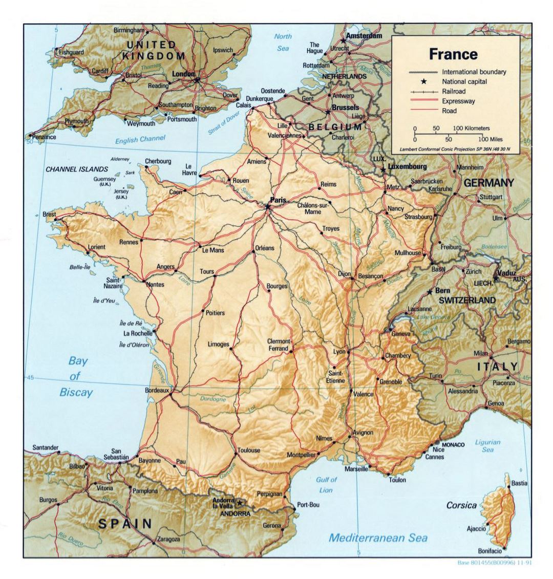 Detailed political map of France with relief, roads and major cities ...