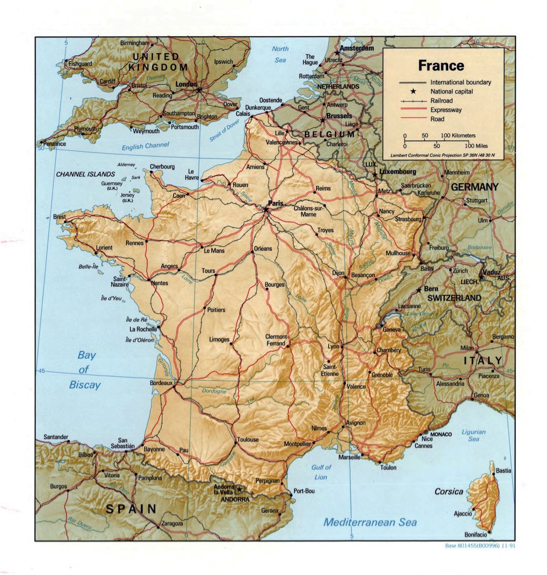 Large detailed political map of France with relief - 1991