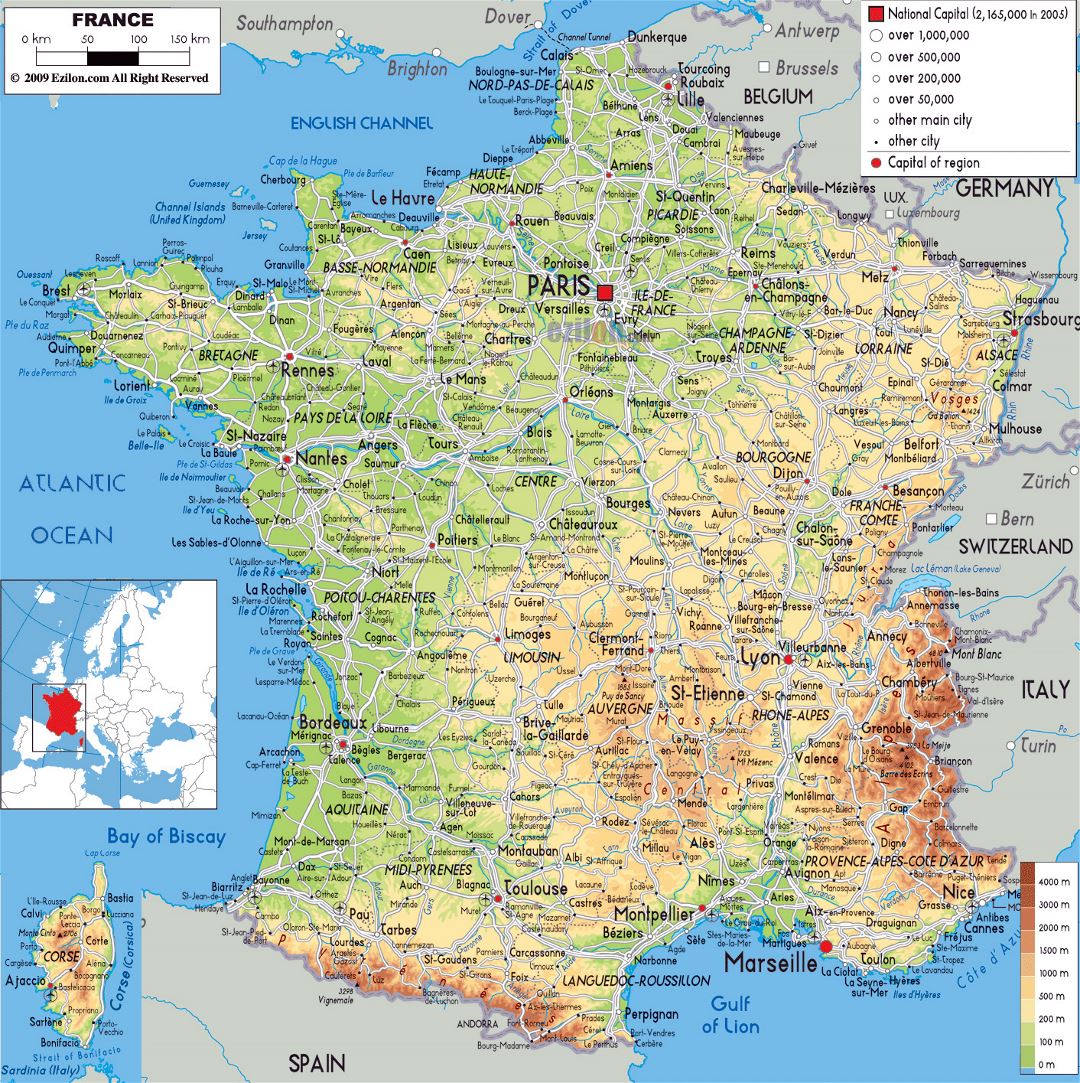 Large physical map of France with roads, cities and airports