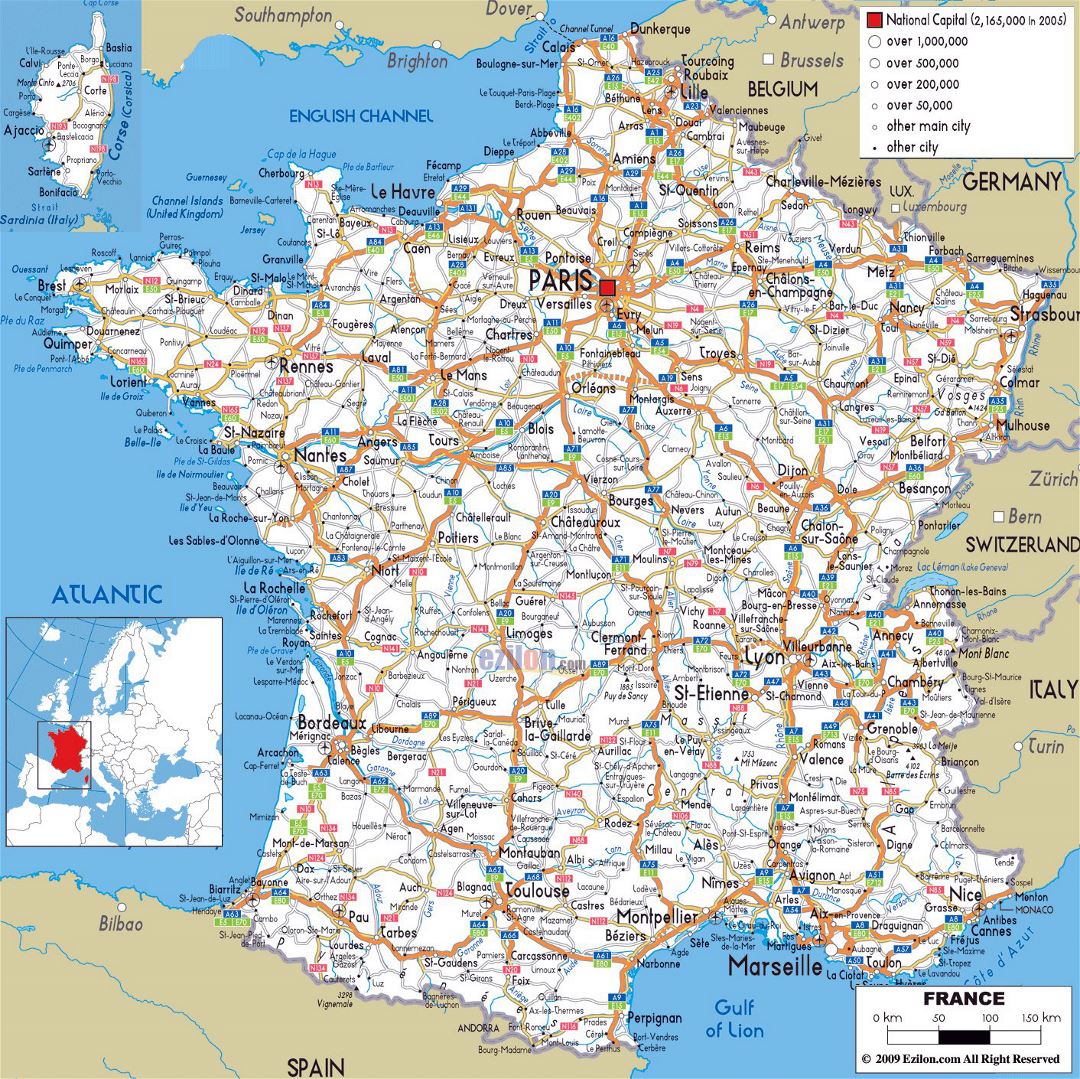 Large road map of France with cities and airports