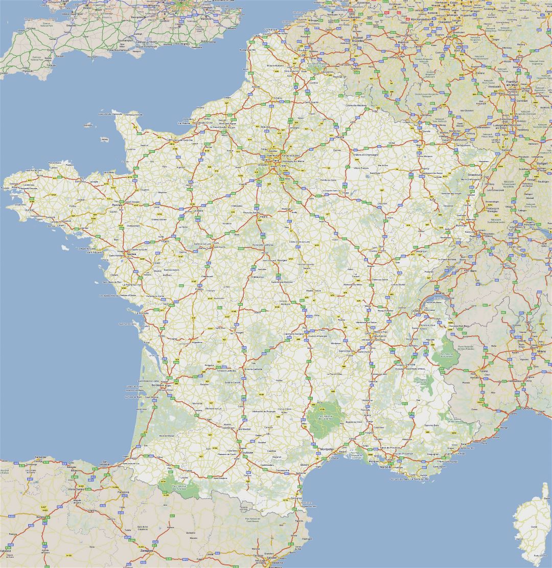 Large road map of France with cities