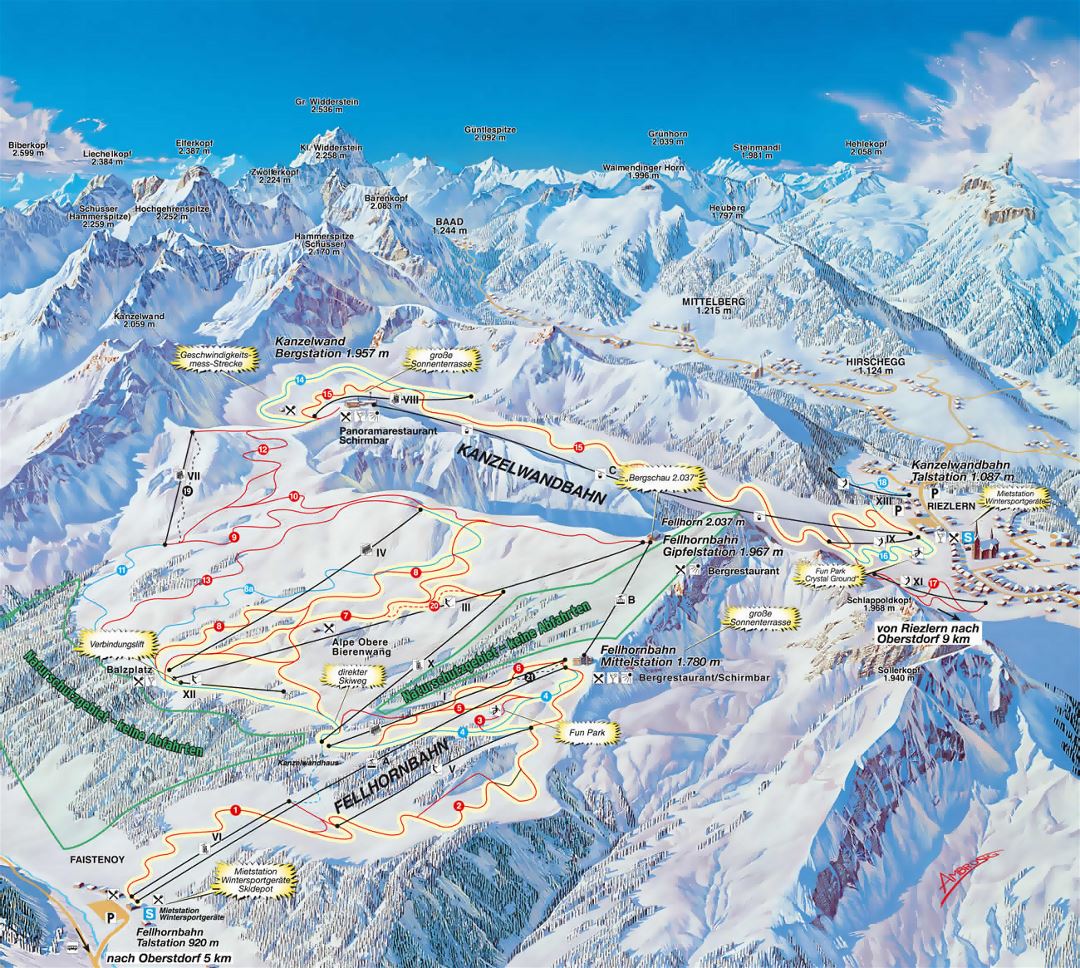 Detailed piste map of Fellhorn, Kanzelwand, Kleinwalsertal - Oberstdorf Ski Resort - 2005
