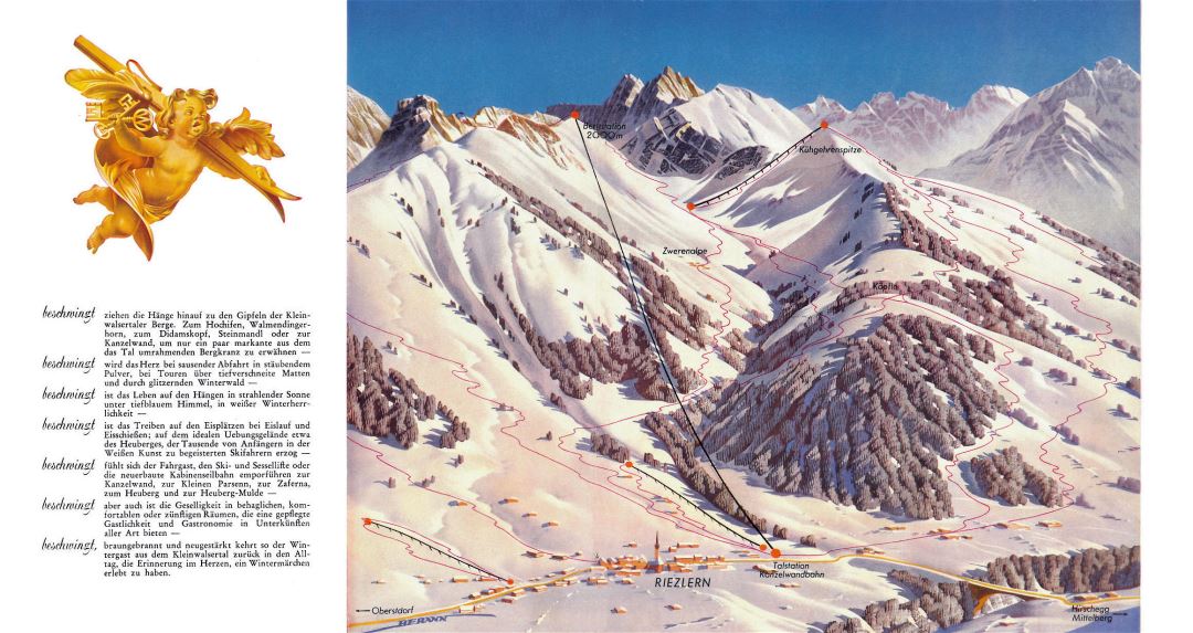 Large detailed old piste map of Riezlern, Hirschegg, Mittelberg - Kleinwalsertal Ski Resort - 1956