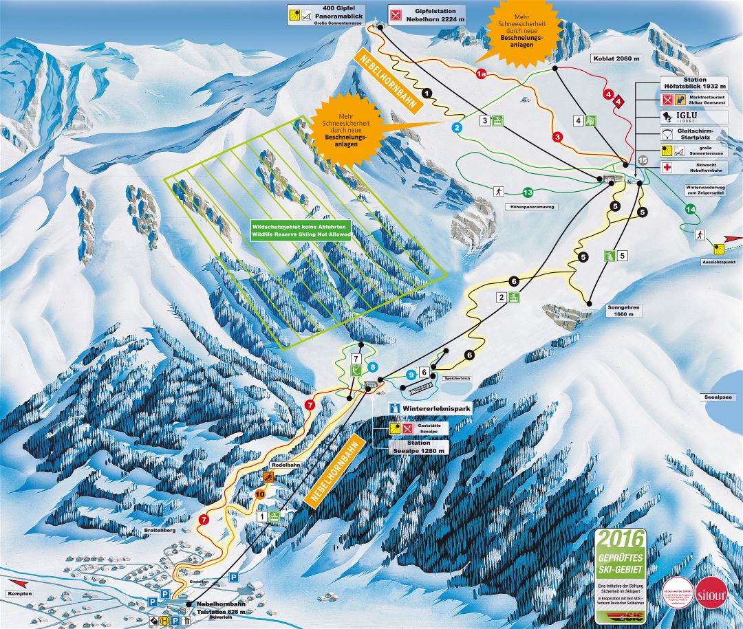 Large detailed piste map of Nebelhorn, Kleinwalsertal - Oberstdorf Ski Resort - 2015