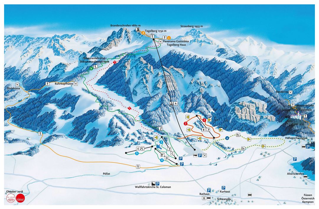 Large detailed piste map of Tegelberg Ski Resort - 2018