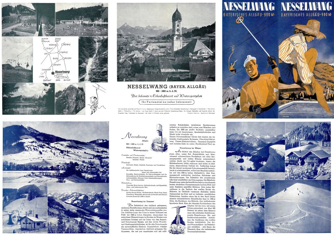 Large detailed vintage guide of Nesselwang Ski Resort - 1955