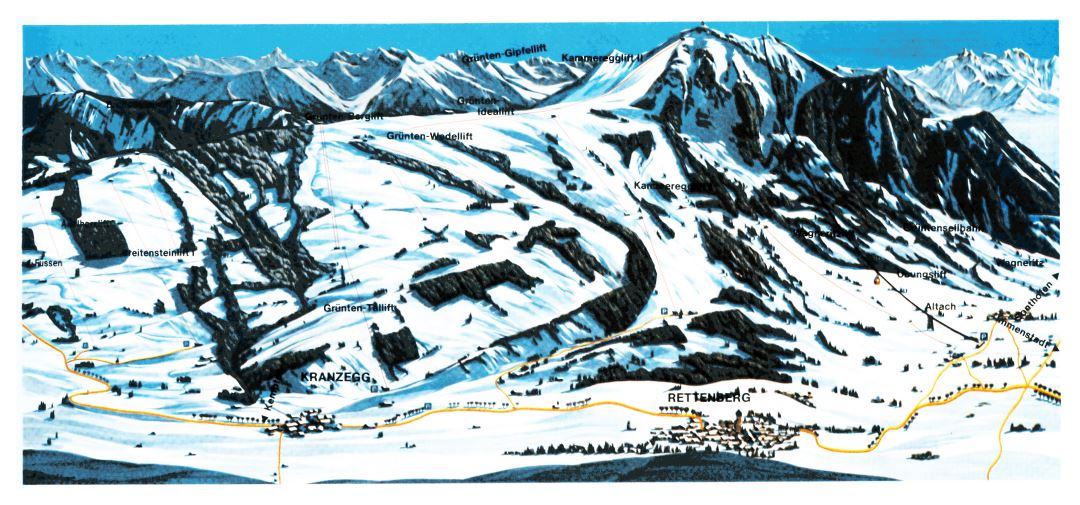 Large old piste map of Grunten (Rettenberg) Ski Resort - 1985