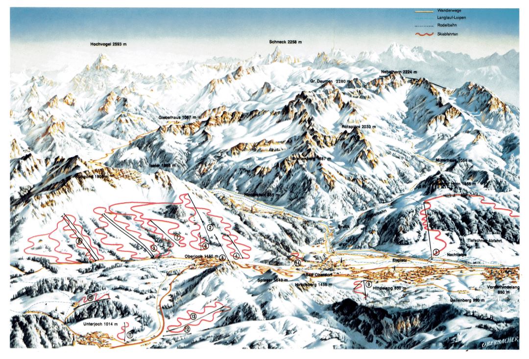 Large old piste map of Hindelang-Oberjoch Ski Resort - 1988