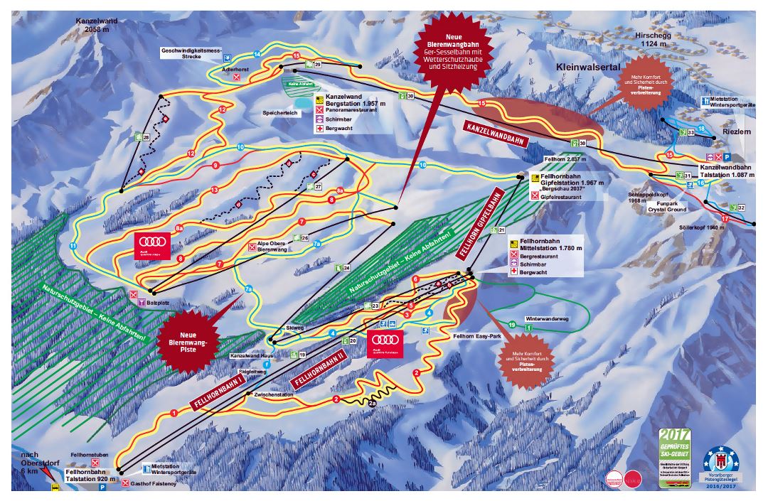 Large piste map of Fellhorn, Kanzelwand, Kleinwalsertal - Oberstdorf Ski Resort - 2016