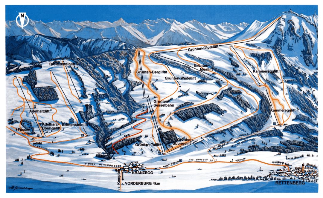 Large piste map of Grunten (Rettenberg) Ski Resort - 2002