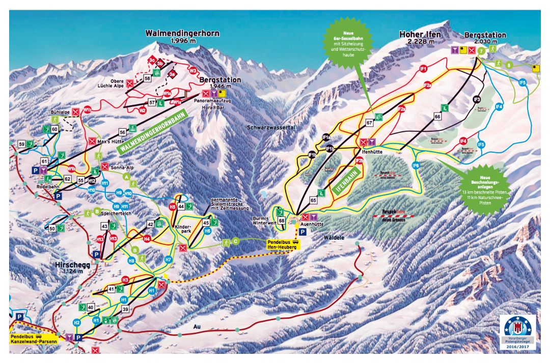 Large piste map of Hirschegg, Kleinwalsertal - Oberstdorf Ski Resort - 2016