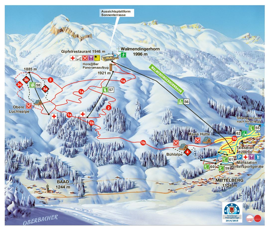 Large piste map of Mittelberg, Walmendingerhorn, Kleinwalsertal - Oberstdorf Ski Resort - 2014