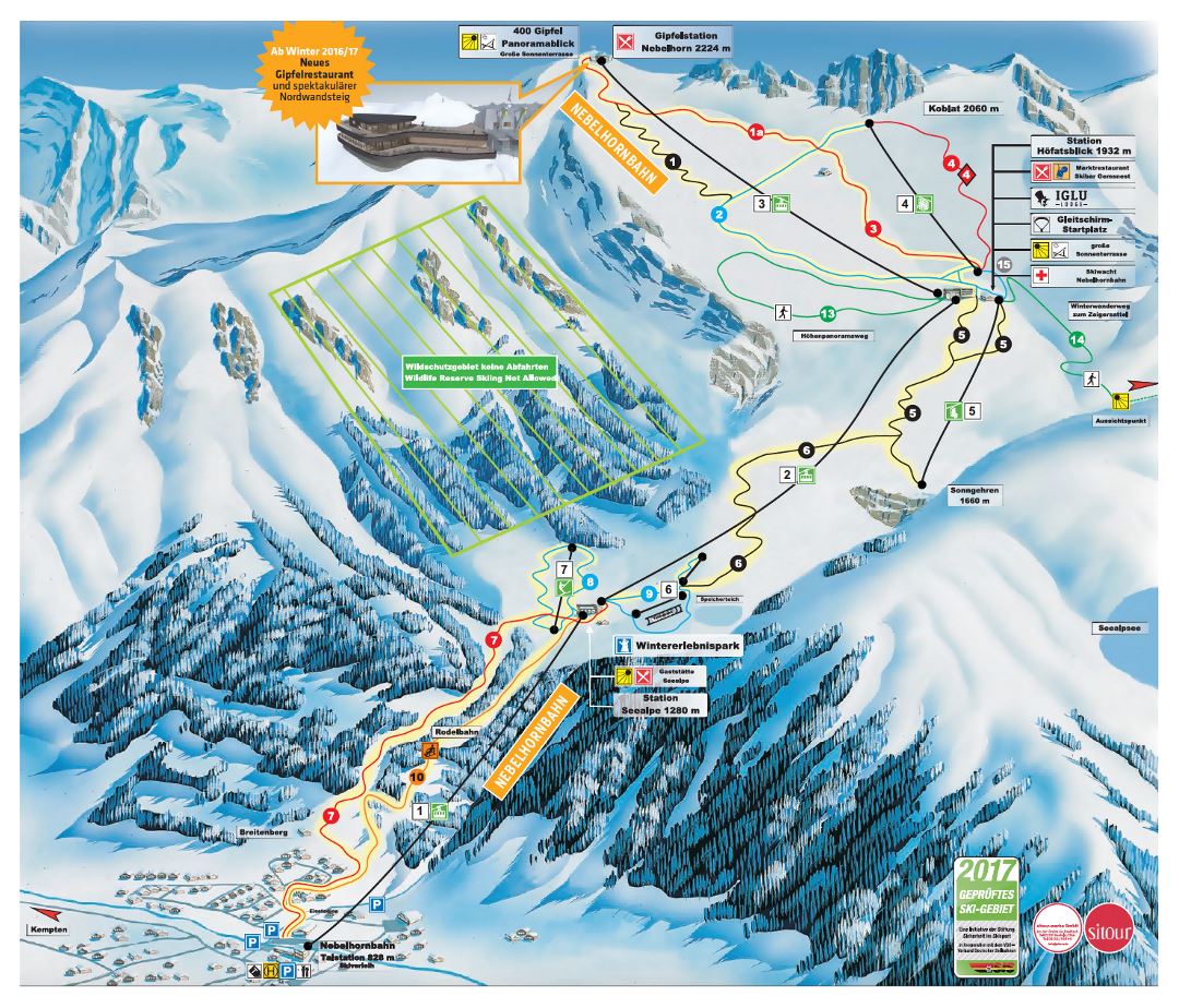 Large piste map of Nebelhorn, Kleinwalsertal - Oberstdorf Ski Resort - 2016