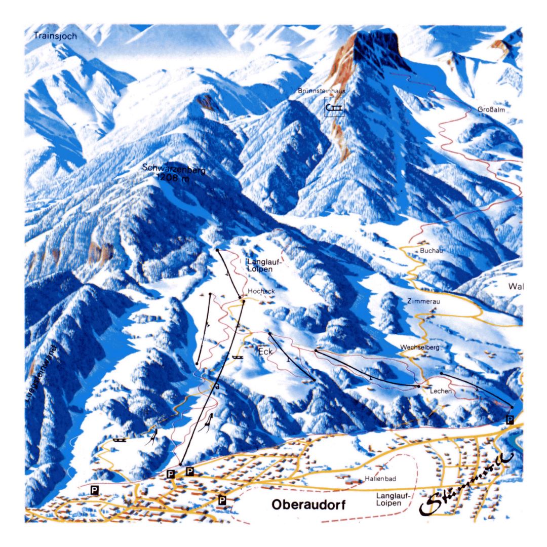 Detailed piste map of Oberaudorf, Hocheck Ski Resort - 1993