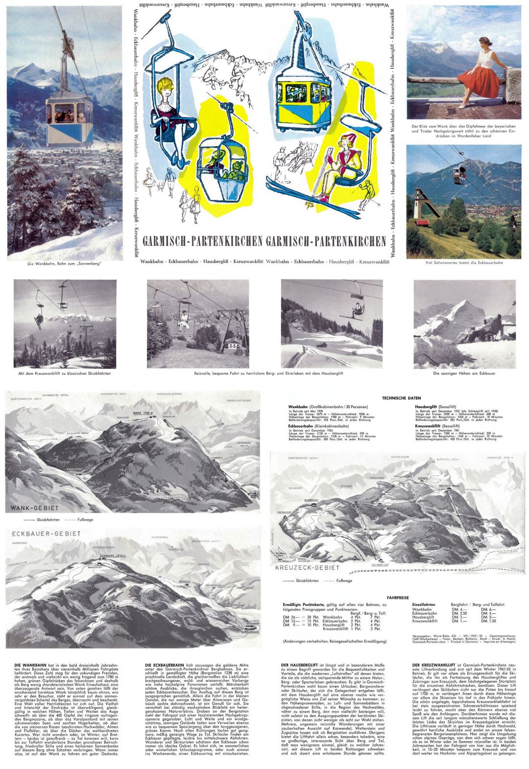 Large detailed old guide and piste map of Garmisch-Partenkirchen Ski Resort - 1962