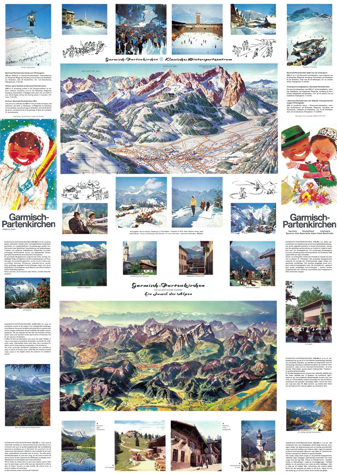 Large detailed old guide and piste map of Garmisch-Partenkirchen Ski Resort - 1964