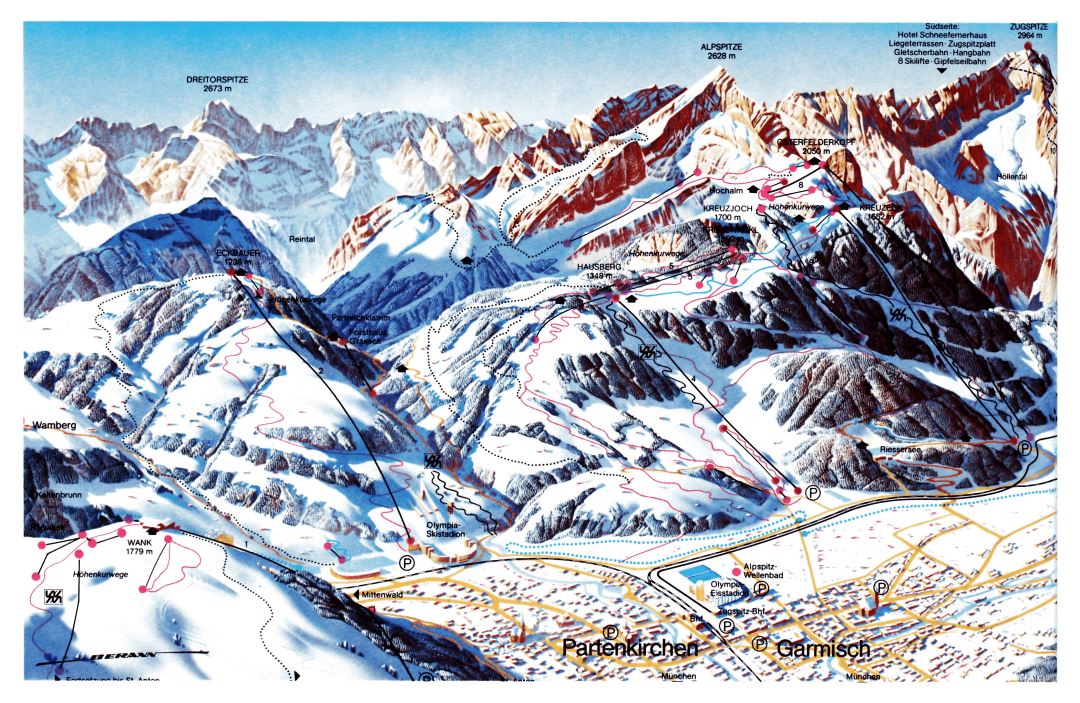 Large detailed old piste map of Garmisch-Partenkirchen Ski Resort - 1985