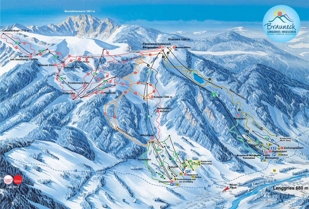 Large detailed piste map of Brauneck Ski Resort - 2014
