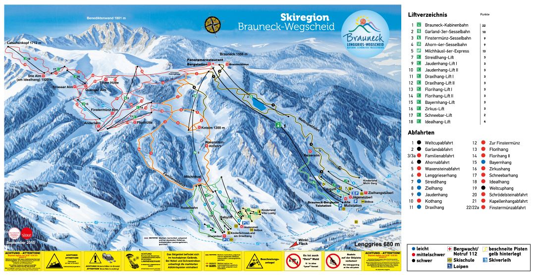 Large detailed piste map of Brauneck Ski Resort - 2015