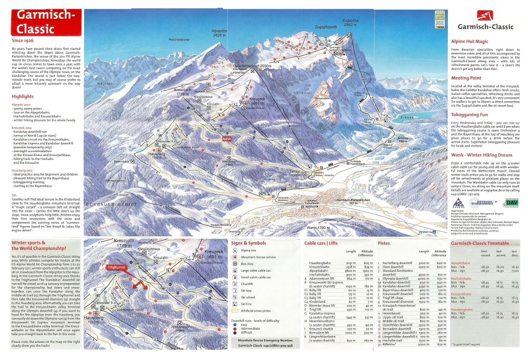 Large detailed piste map of Garmisch-Partenkirchen, Zugspitze Ski Resort - 2010