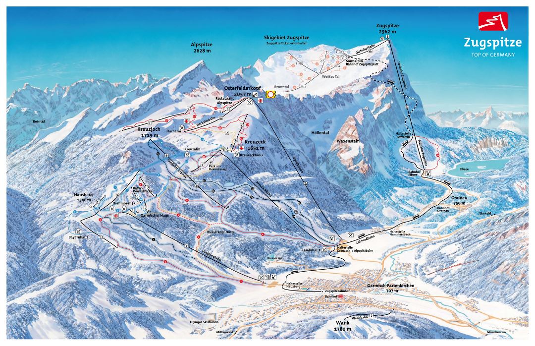 Large detailed piste map of Garmisch-Partenkirchen, Zugspitze Ski Resort - 2017