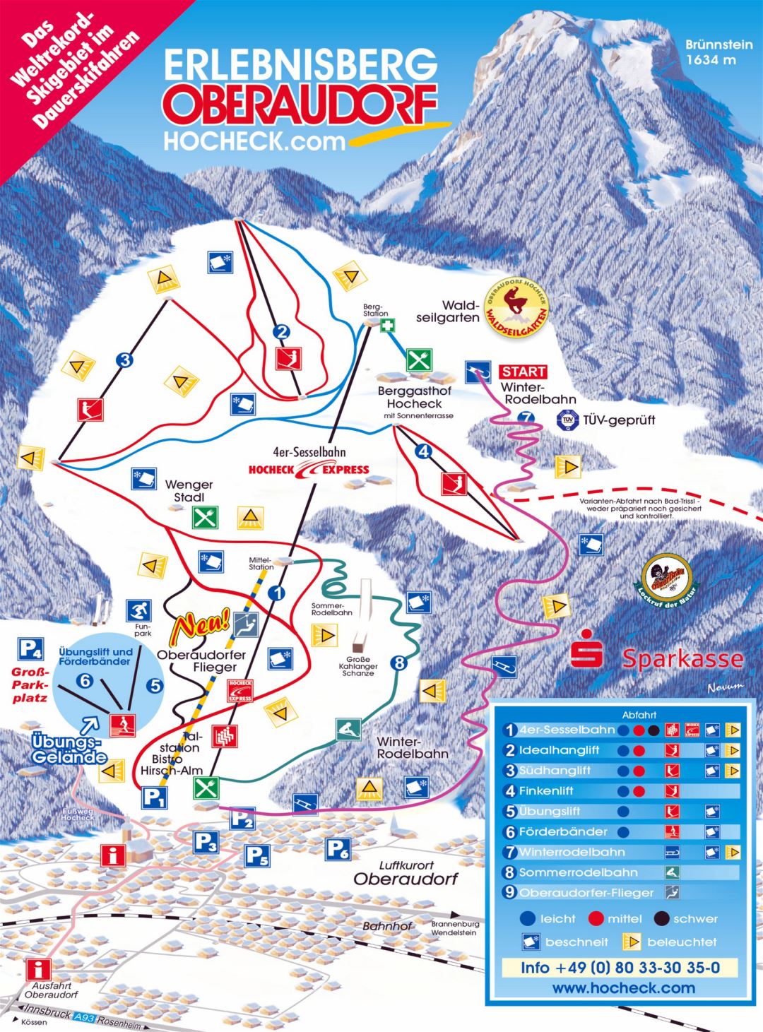 Large detailed piste map of Oberaudorf, Hocheck Ski Resort - 2014