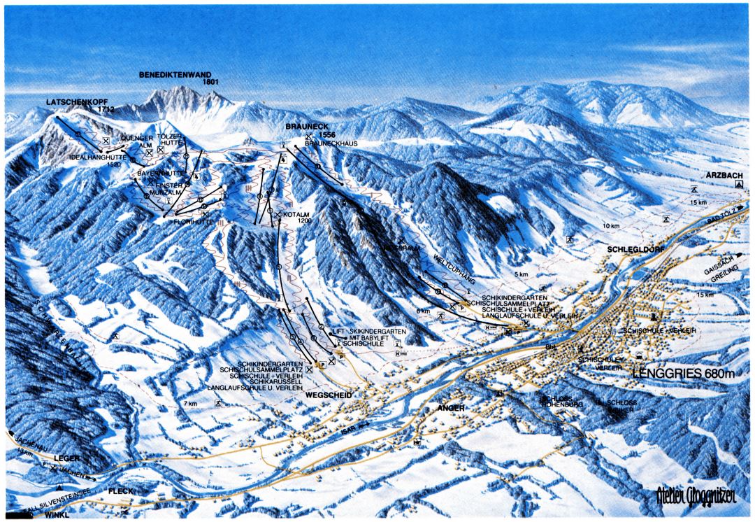 Large old piste map of Brauneck Ski Resort - 1985