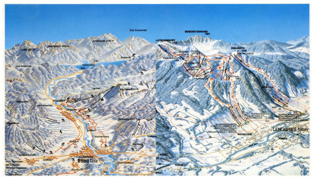 Large old piste map of Brauneck Ski Resort - 1988