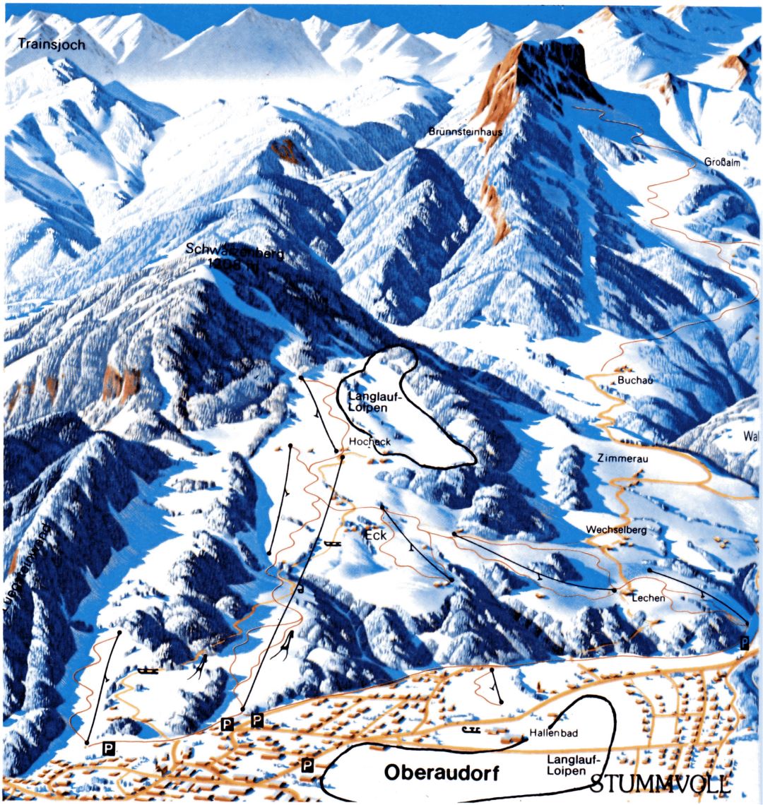 Large old piste map of Oberaudorf, Hocheck Ski Resort - 1993