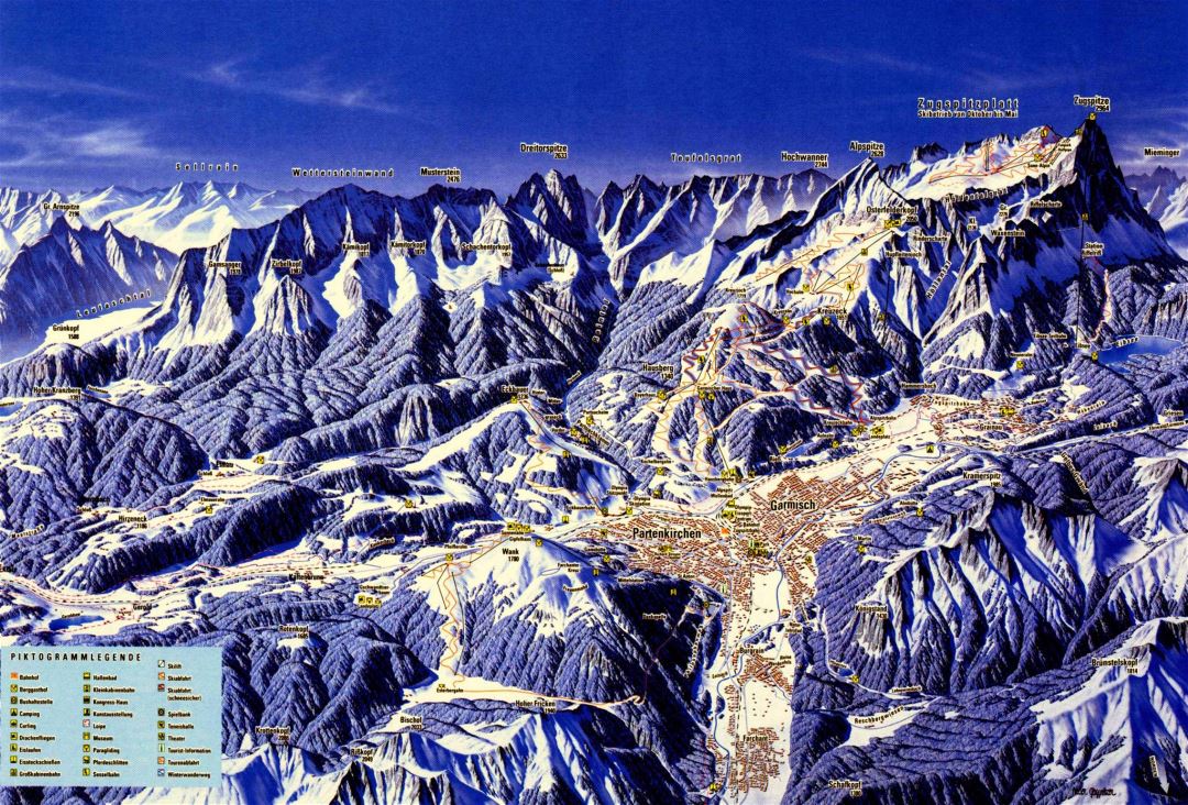 Large piste map of Garmisch-Partenkirchen, Zugspitze Ski Resort - 2000