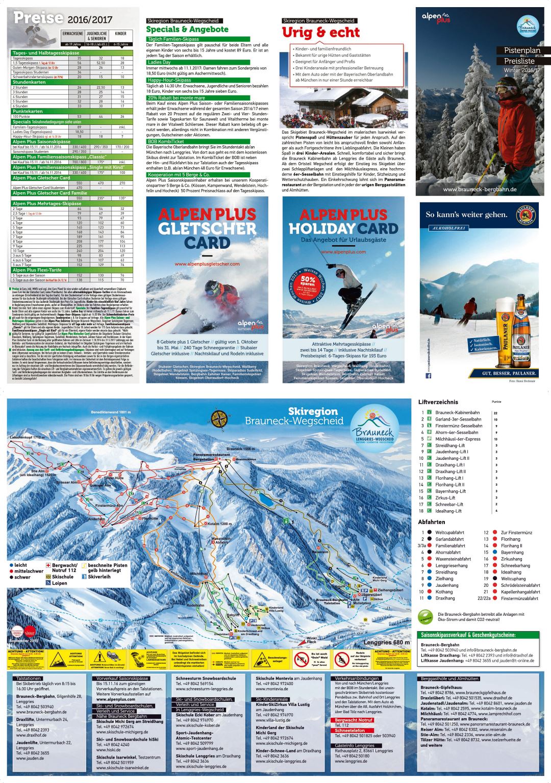 Large scale guide and piste map of Brauneck Ski Resort - 2016