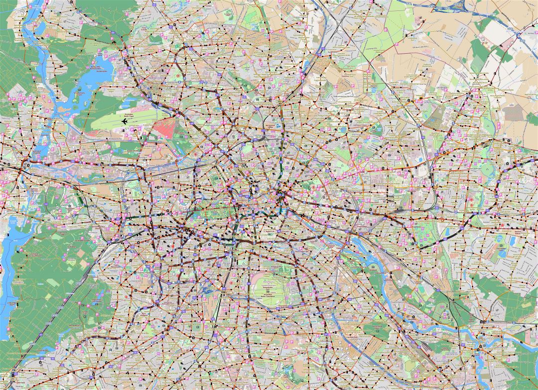 In high resolution Berlin top tourist attractions map with directions to car park, locations, tegel, airport, river spree