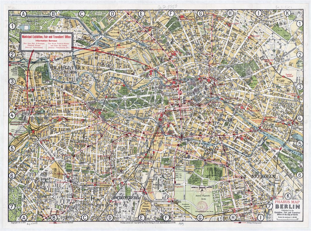 Large scale detail old Pharus map of Berlin - 1929