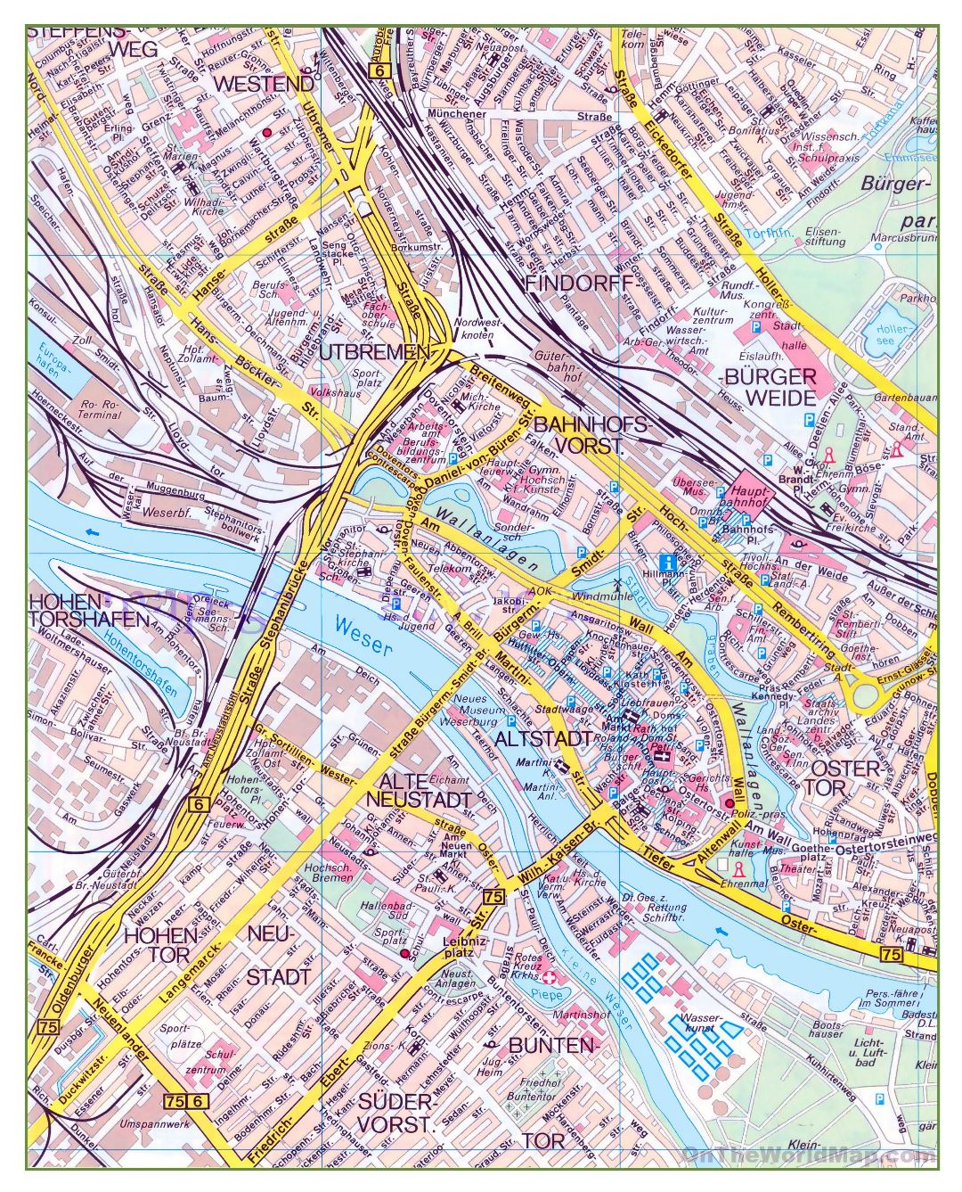 Large detailed map of central part of Bremen city
