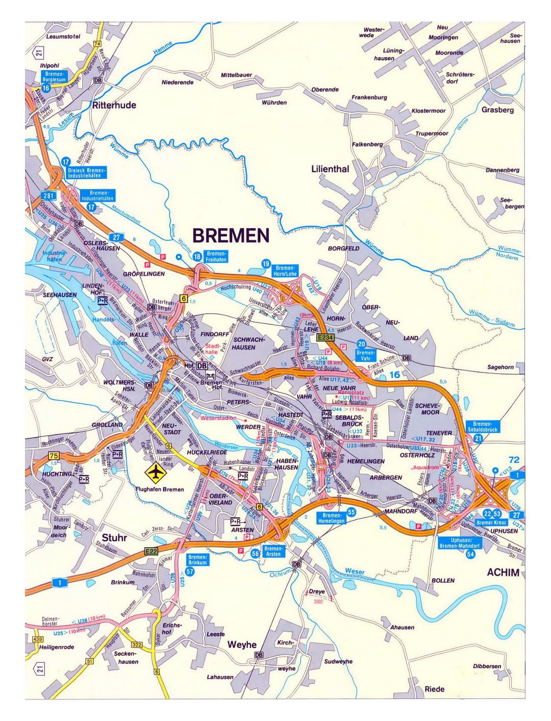 Large detailed road map of Bremen city with other marks