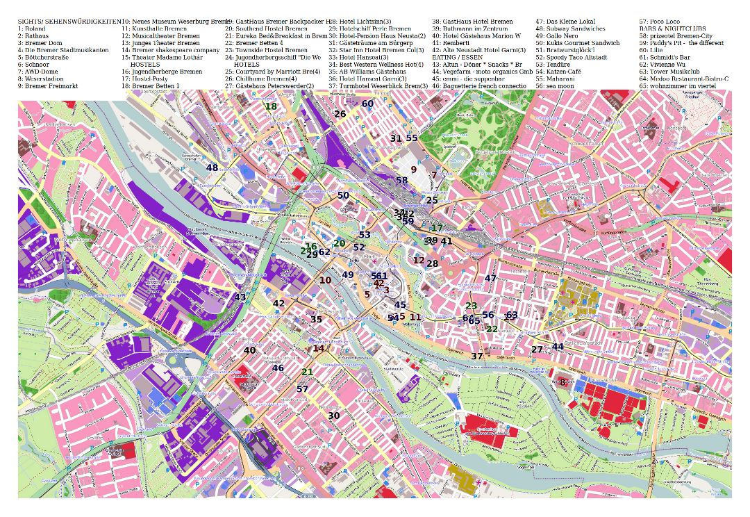 Large detailed tourist map of Bremen city central part