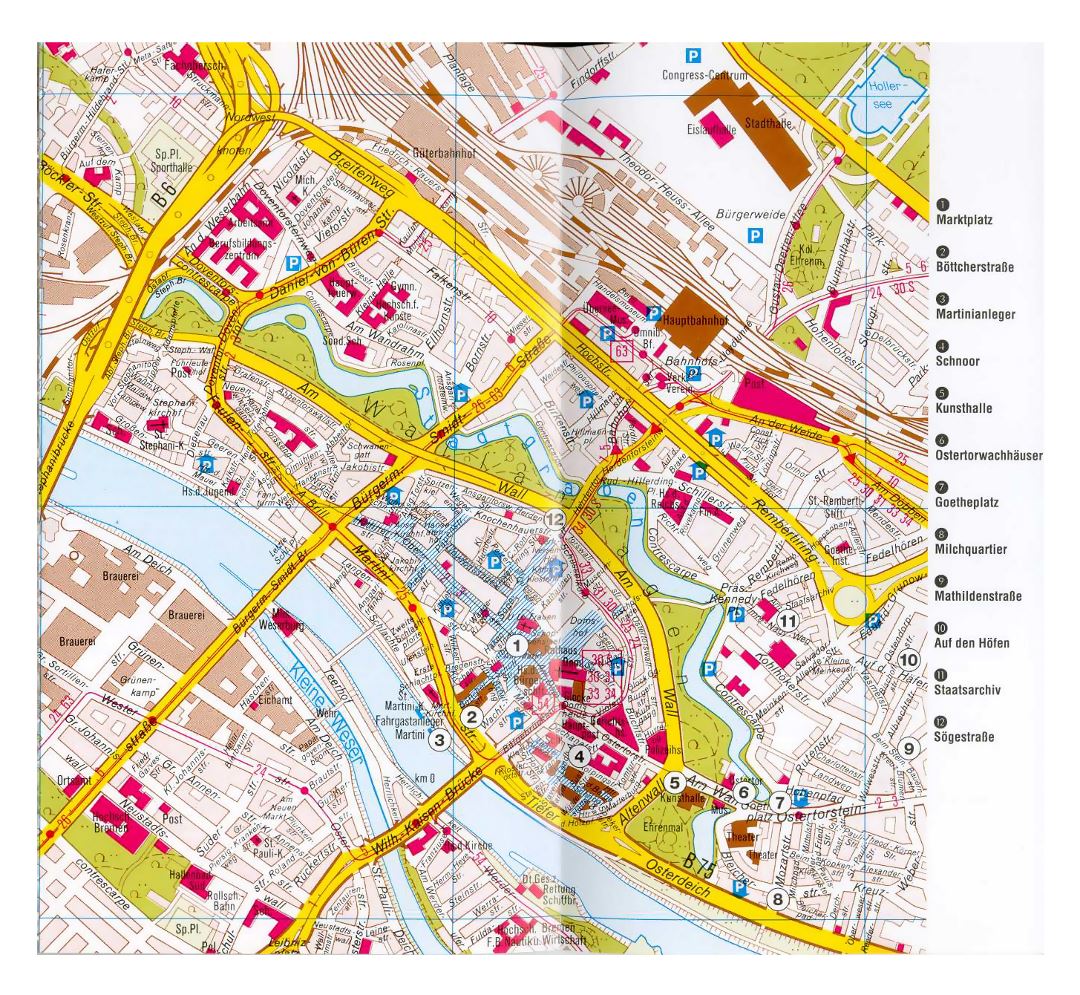 Large detailed tourist map of central part of Bremen city