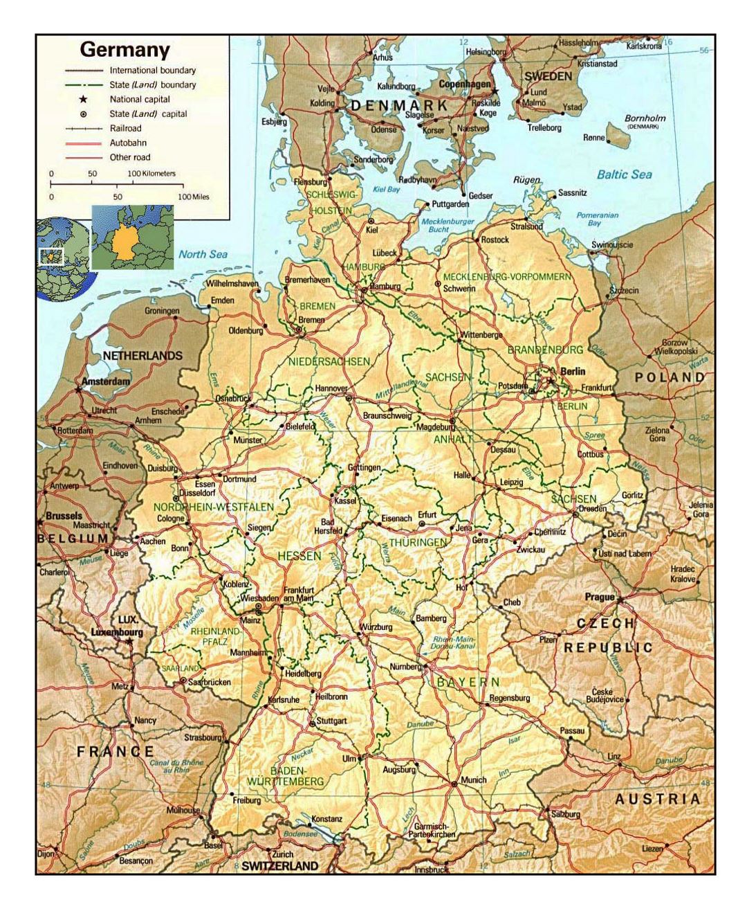 Detailed political and administrative map of Germany with relief