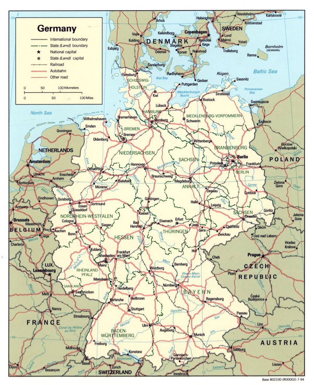 Detailed political and administrative map of Germany with roads and major cities - 1994