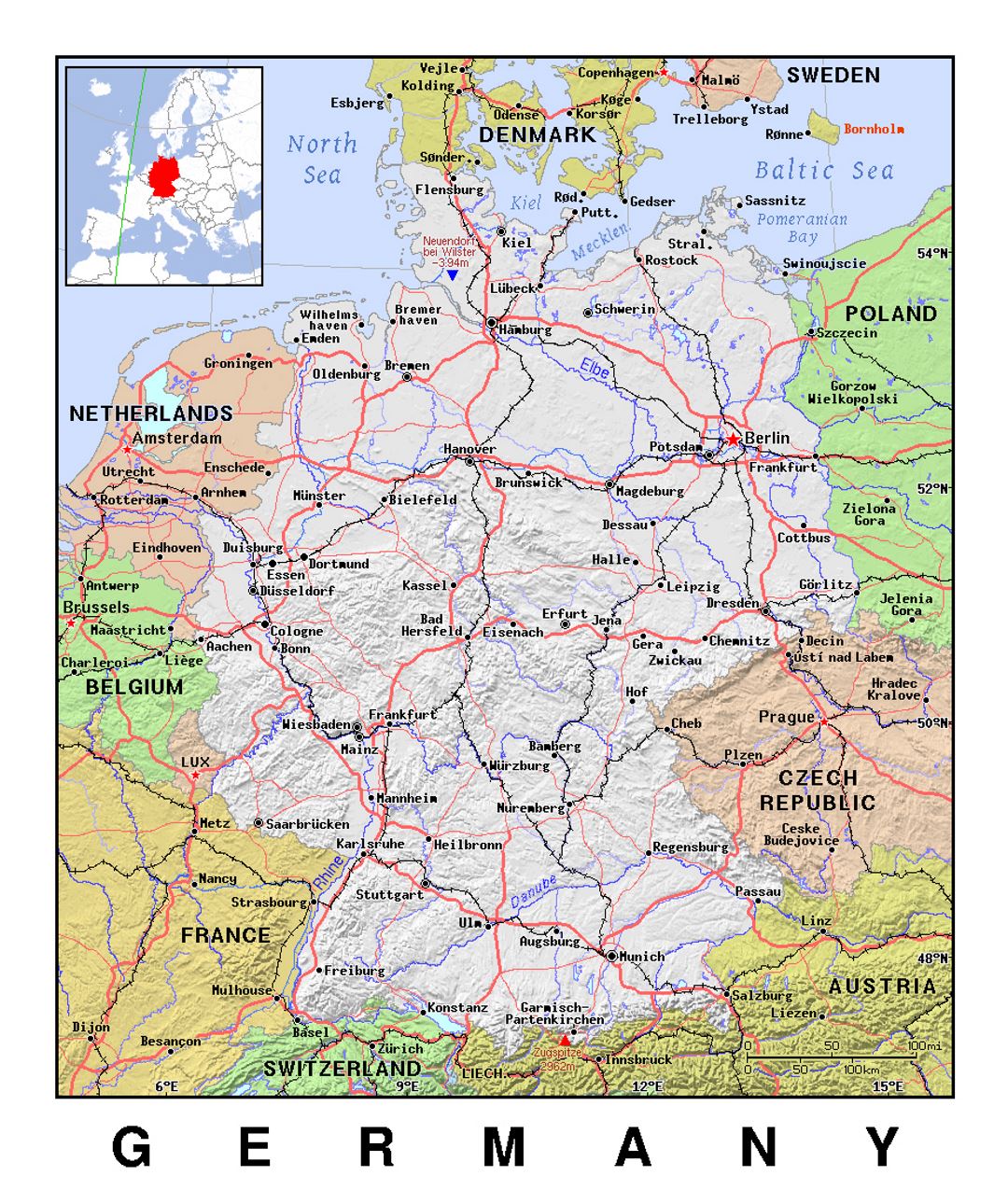 Detailed political map of Germany with relief