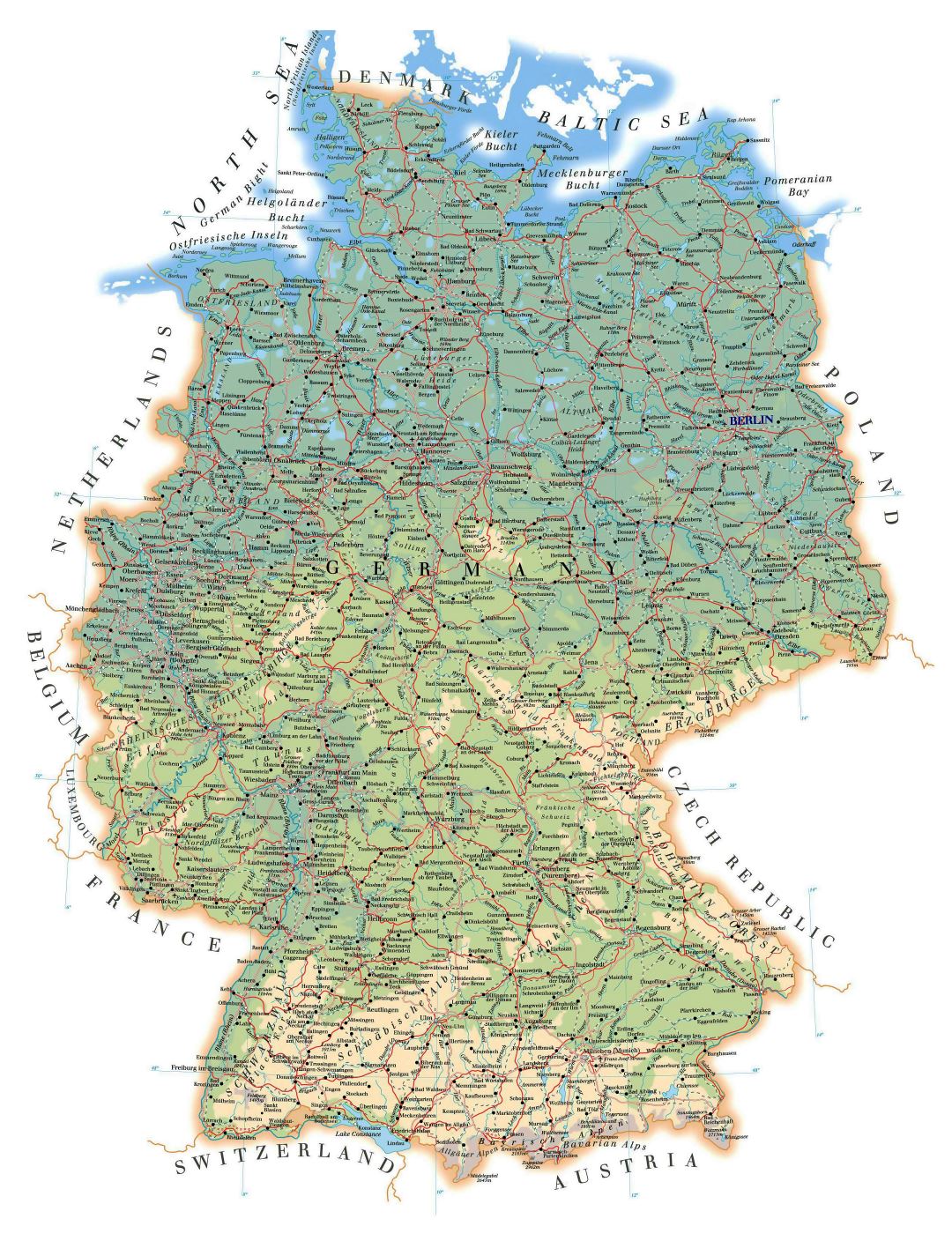 Detailed road and physical map of Germany