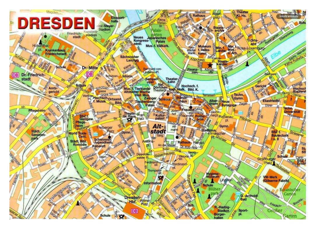 Large detailed map of central part of Dresden city